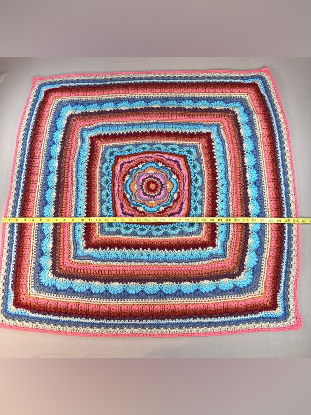 Handmade Crochet Throw Blanket Mandala Boho Multicolor 36x36 Afghan - Picture 8 of 15
